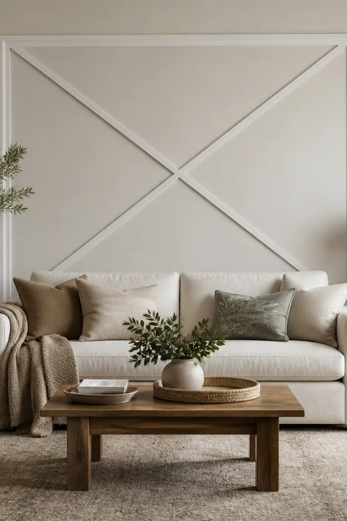 A rectangular frame sits behind the sofa with two diagonal moulding braces crossing from corner to corner, creating an X shape. The diagonals are painted the same white as the frame.