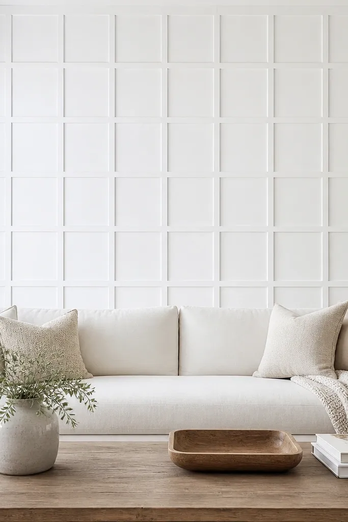 Behind a sofa, a large rectangle contains a grid of small square mouldings, like a tic-tac-toe wall but in many squares. Everything is painted bright white.