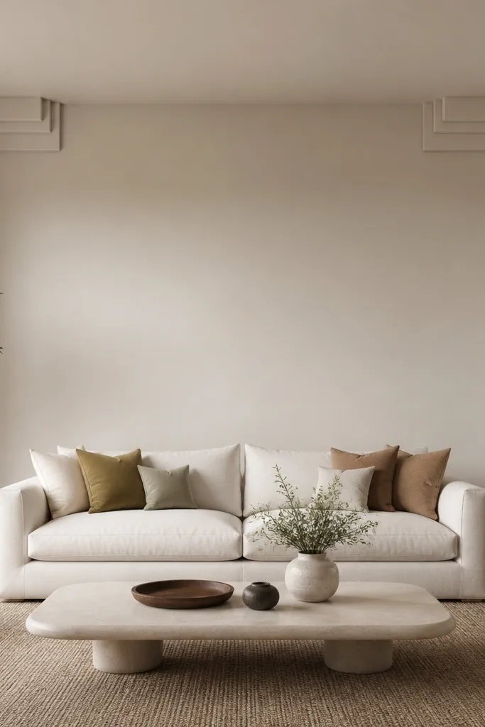 Only the inner corners behind the sofa are moulded: layered L-shaped blocks sit at the four corners of an invisible rectangle, leaving the center mostly plain.
