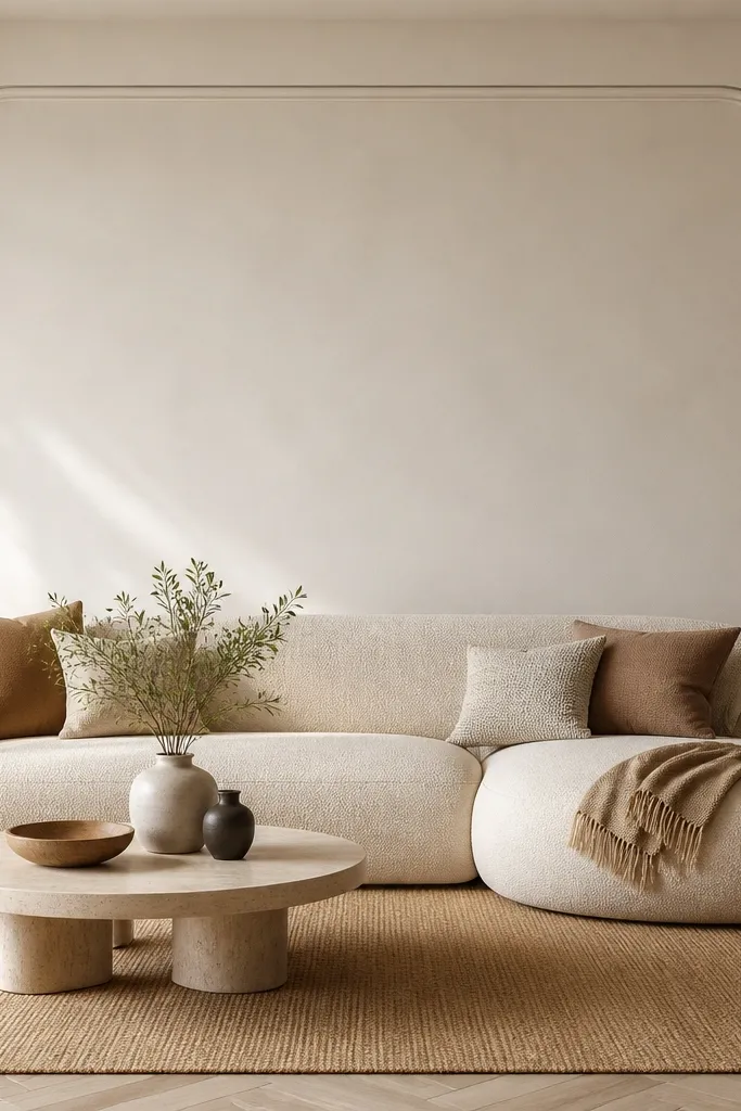 A large rounded rectangle outline sits behind the sofa with soft corners, and a thin inner moulding line follows the same rounded shape.