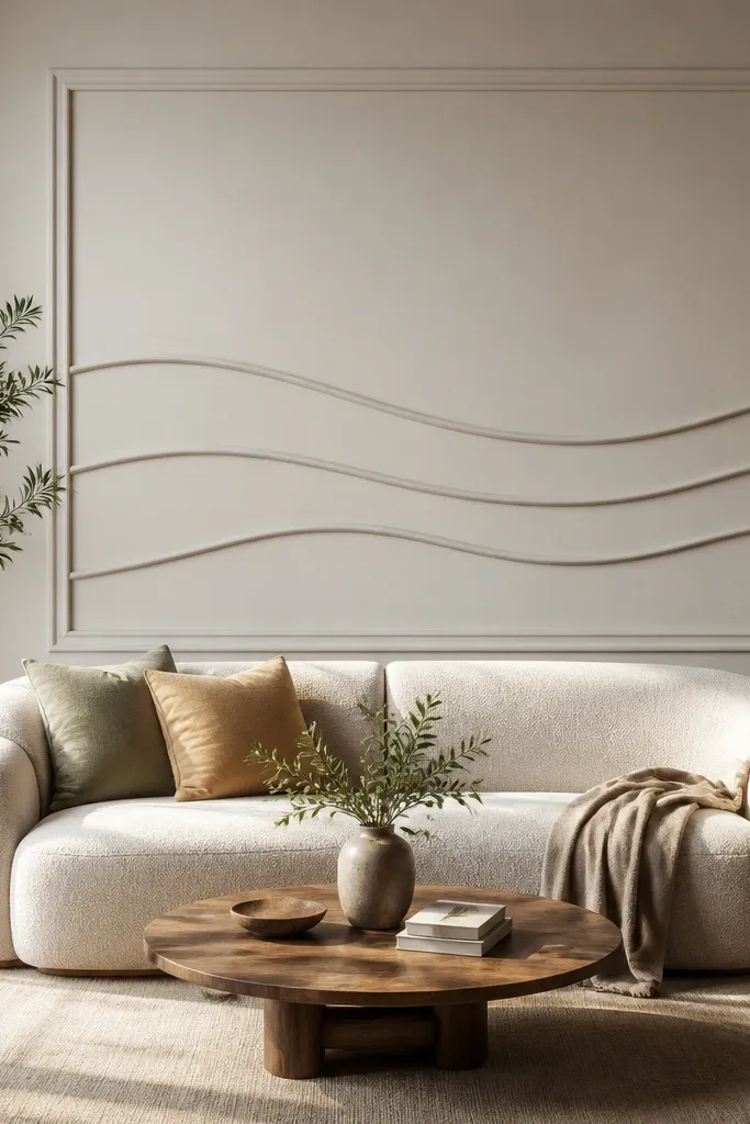 A rectangle frame holds two or three wavy horizontal moulding bands that ripple gently across the center behind the sofa.
