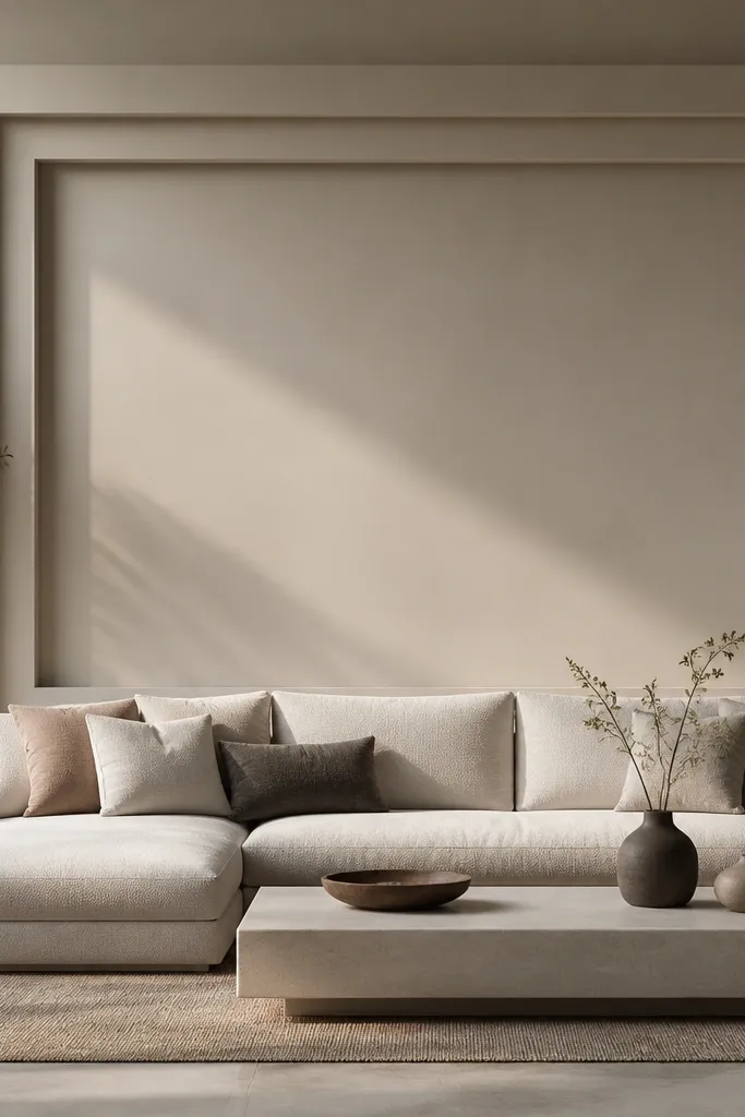 Behind the sofa, a large rectangular design uses step-back layers: an outer frame, then a recessed inner panel, then a second recessed strip. Shadows are deep and crisp.