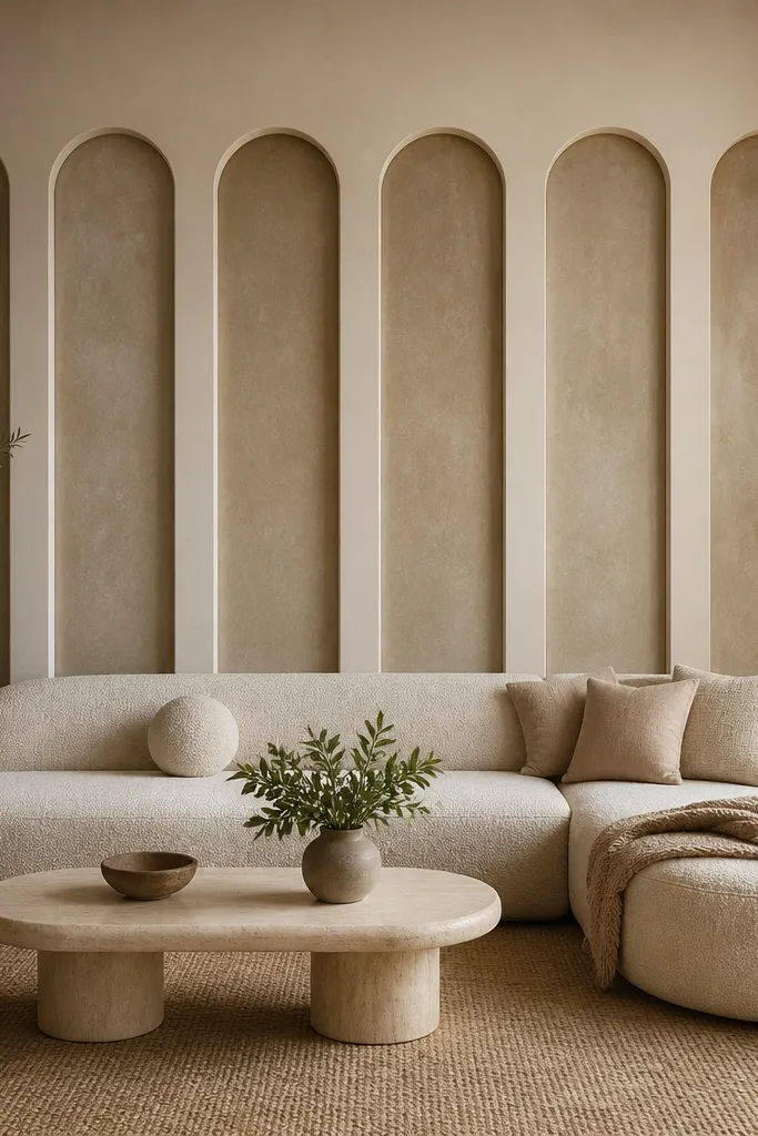 A row of tall narrow arched panels sits behind the sofa, like a series of vertical arches stacked side-by-side. The arches are evenly spaced.