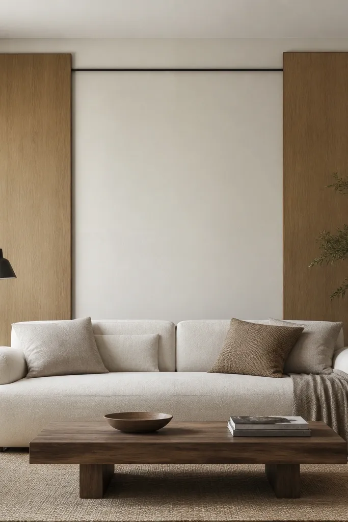 Two large vertical rectangles sit to the left and right of the sofa back, with the center behind the sofa left plain. A thin horizontal line connects the two sides near the top.