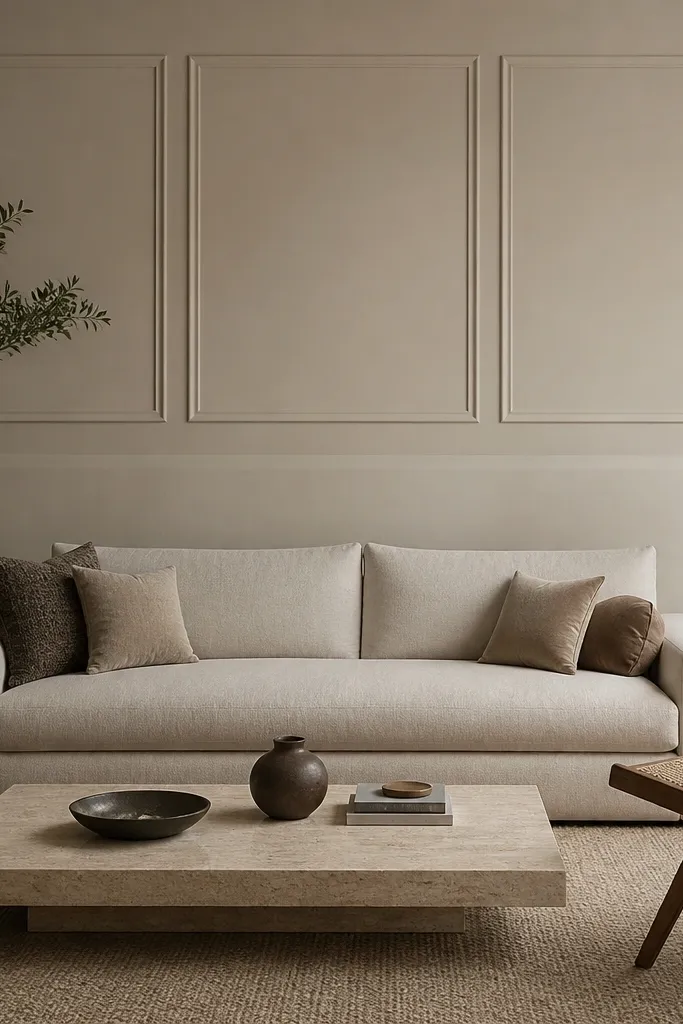 Behind the sofa, moulding rectangles cover only the upper half of the wall area, stopping around cushion height. The lower wall is plain.