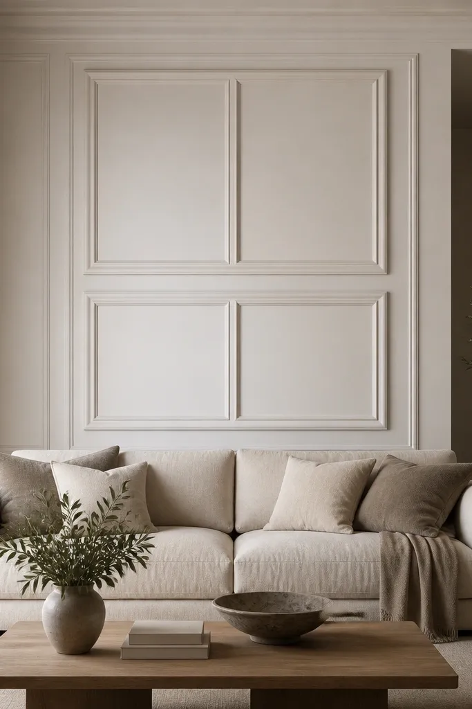 Behind the sofa, two square frames stack vertically, separated by a horizontal moulding divider. A narrow vertical divider runs through the center to split each square.