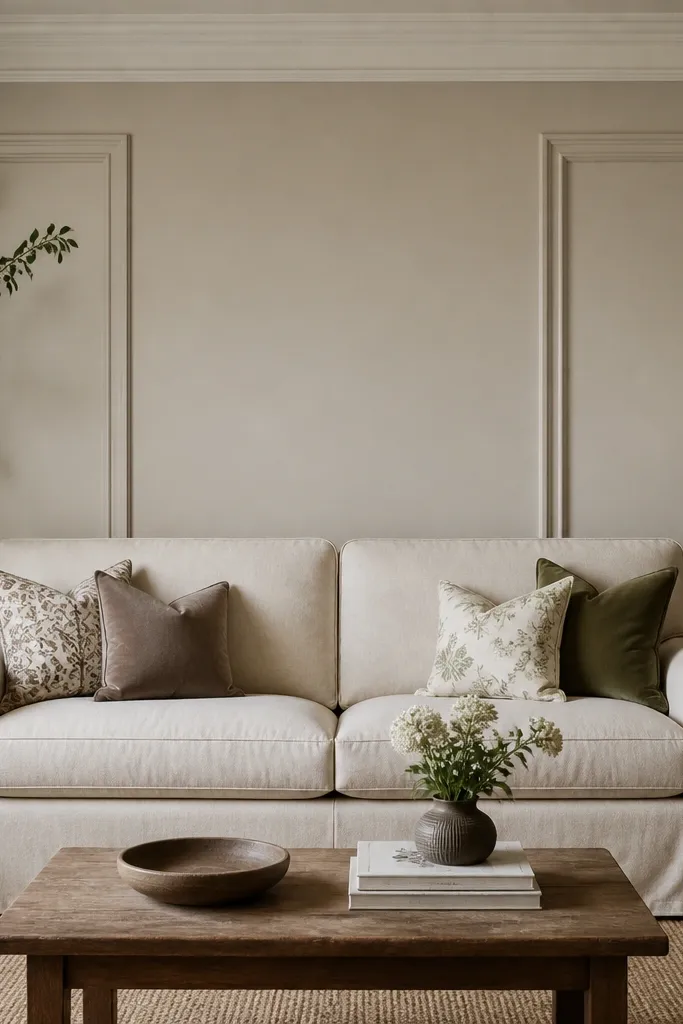 Two smaller picture-frame mouldings sit behind the left and right halves of the sofa back, leaving the center open. The frames align with sofa arm height.