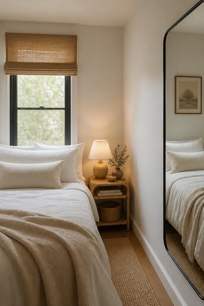 A very small bedroom with a full-height mirror placed on the short wall near the foot of the bed. The mirror has a thin black metal frame, and the bed is dressed in white bedding with a light beige throw. A small rattan nightstand sits beside the bed with a warm lamp.