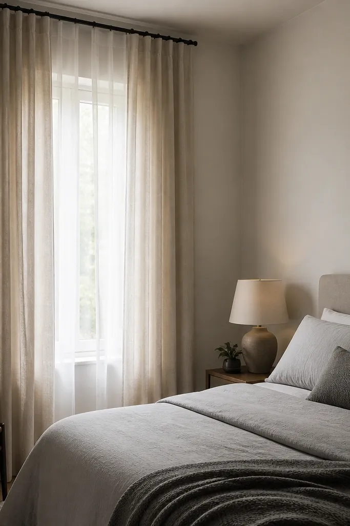 A narrow window in a small bedroom covered with two layers: a sheer white panel and one soft linen panel. The curtain rod is mounted high above the window, and the fabric falls in straight vertical folds to the floor. The bed is against the adjacent wall with light gray bedding and a small bedside lamp.