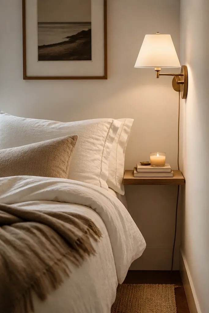 A tiny bedroom with no traditional nightstand. Instead, a narrow floating shelf is mounted next to the bed, holding a small book stack and a candle. A plug-in wall sconce with a white shade sits above the shelf, casting warm light across white bedding and a taupe throw.