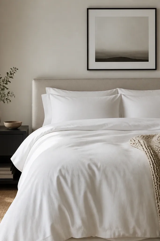 A small bedroom with a bed dressed in all-white bedding: white duvet, white sheets, and white pillowcases. One throw in thick oatmeal knit is draped over the side. Two narrow shams match the bedding, and a simple black-framed print hangs above the headboard.
