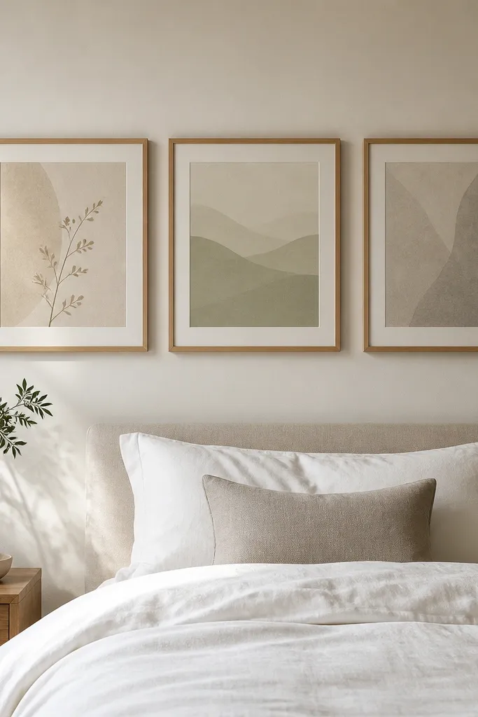 Above a small bed, there are exactly three frames in a straight horizontal line. The frames are same size with light wood borders, and the prints are muted: beige, sage, and warm gray. The bed has a low headboard and a simple white duvet.