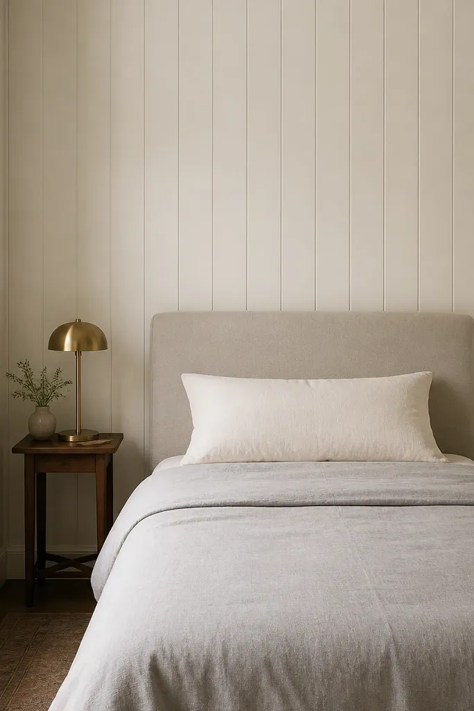 A small bedroom with a bed centered against a wall that has a subtle vertical panel texture. The panels are a warm white with gentle shadow lines. The bed has a light gray duvet and a cream pillow, and a small brass lamp sits on a narrow table.