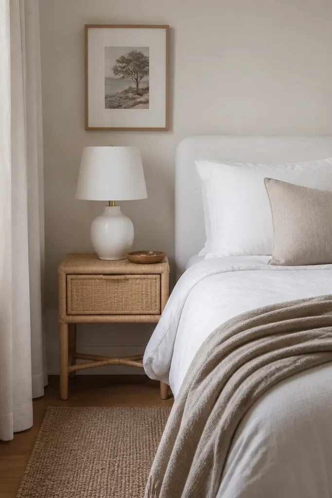 A tiny bedroom with a small rattan nightstand. The nightstand has a light natural woven texture and slim legs. On top sits a white ceramic lamp and a small tray. The bed is dressed in white linens with a taupe throw.