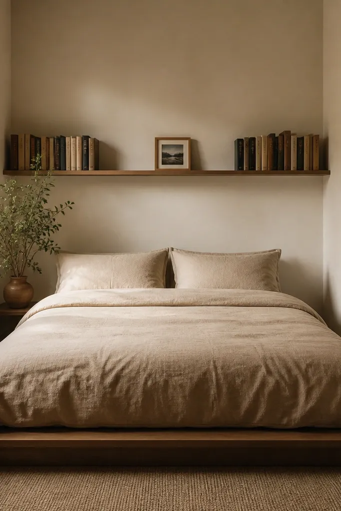 A small bedroom where a narrow floating ledge runs above the headboard area. Several books are stacked with their spines facing out, and one small framed photo sits in the center. The bed has a low profile and beige bedding.