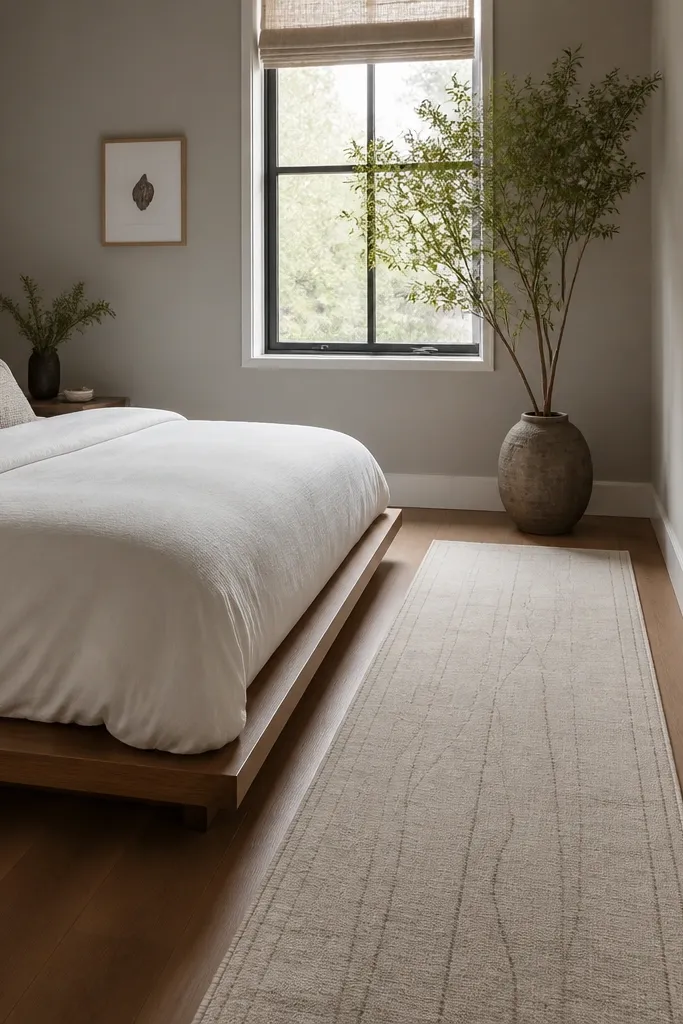 A small bedroom with a low platform bed. A long runner rug runs lengthwise from near the bed toward the door area. The runner is a light neutral with subtle pattern lines. Bedding is white and the walls are soft warm gray.