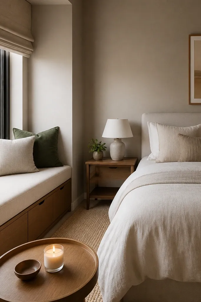 A compact bedroom with a window on one side. Under the window sits a corner bench with a light fabric cushion and hidden storage drawers. A small coffee table tray holds a candle. The bed is on the opposite wall with cream bedding.