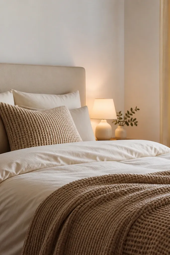 A small bedroom bed with multiple textures. The duvet cover is smooth and slightly satin-like, the throw blanket is a waffle weave in warm beige, and a knit pillow sits near the headboard. The wall is white and a small lamp glows beside the bed.