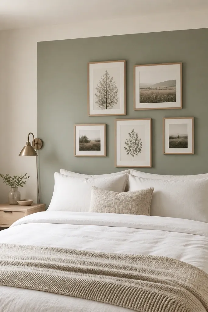 A small bedroom where walls are painted warm white. Behind the bed there is one accent area painted soft sage in a rectangular panel shape. The bed has white bedding and a small gallery of frames in light wood.