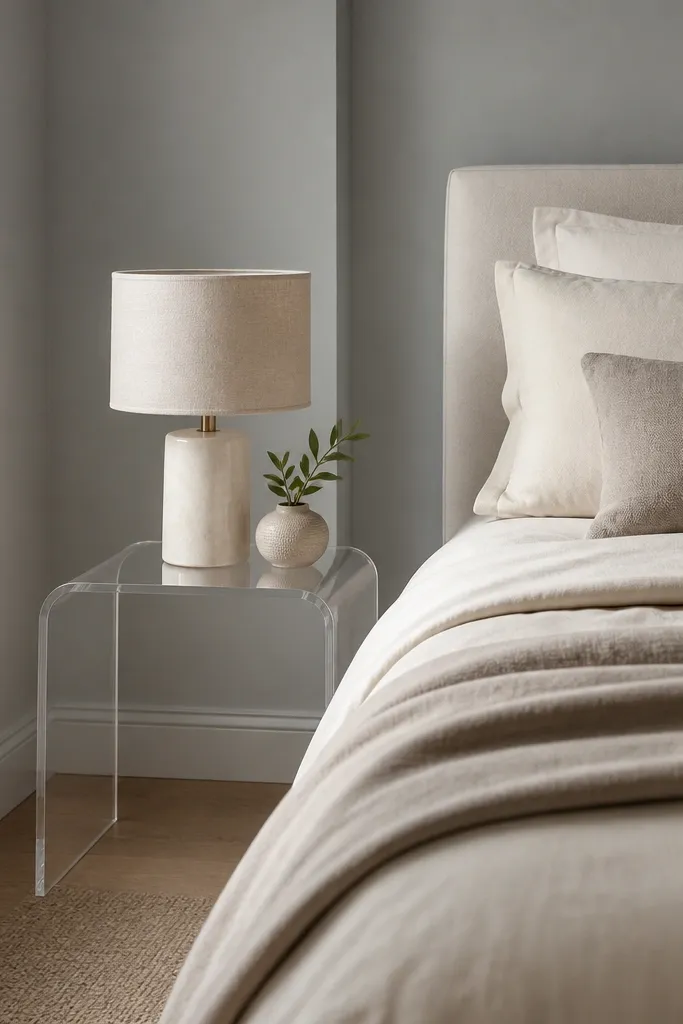 A tiny bedroom with a clear acrylic side table next to the bed. On it sits a small lamp with a linen drum shade. The bed has neutral bedding in cream and taupe, and the walls are light gray.