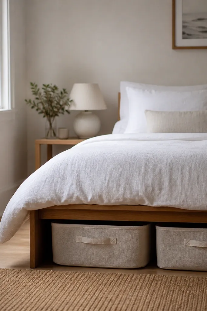 A small bedroom with a low bed. Under the bed, there are two large fabric baskets in a light neutral tone. The baskets have handles and sit neatly in line. The bed linens are white and the room has a simple lamp on a small table.