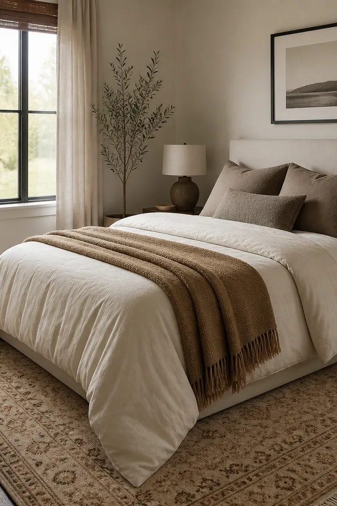 A small bedroom with a patterned area rug in warm beige. The bed has a duvet in cream and pillows in taupe. A woven throw matches the rug's warm undertone. A simple black frame hangs above the bed.