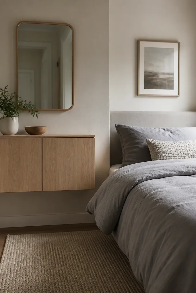 A tiny bedroom where a dresser is replaced by a floating wall cabinet above the floor. The cabinet has simple doors in light wood. A small mirror hangs above it, and the bed is on the adjacent wall with gray bedding.