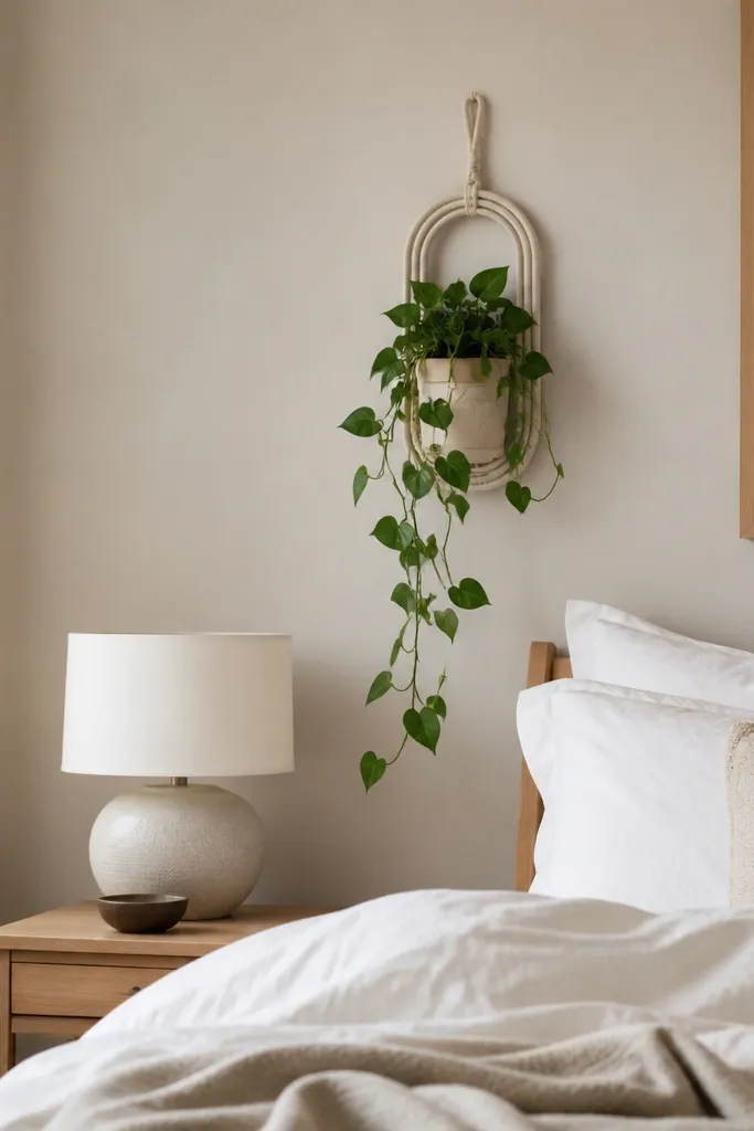 A small bedroom with a wall-mounted planter beside the bed holding a trailing green plant. The plant sits in a small pot inside a macrame or ceramic wall frame. The bed has white bedding and a small lamp.