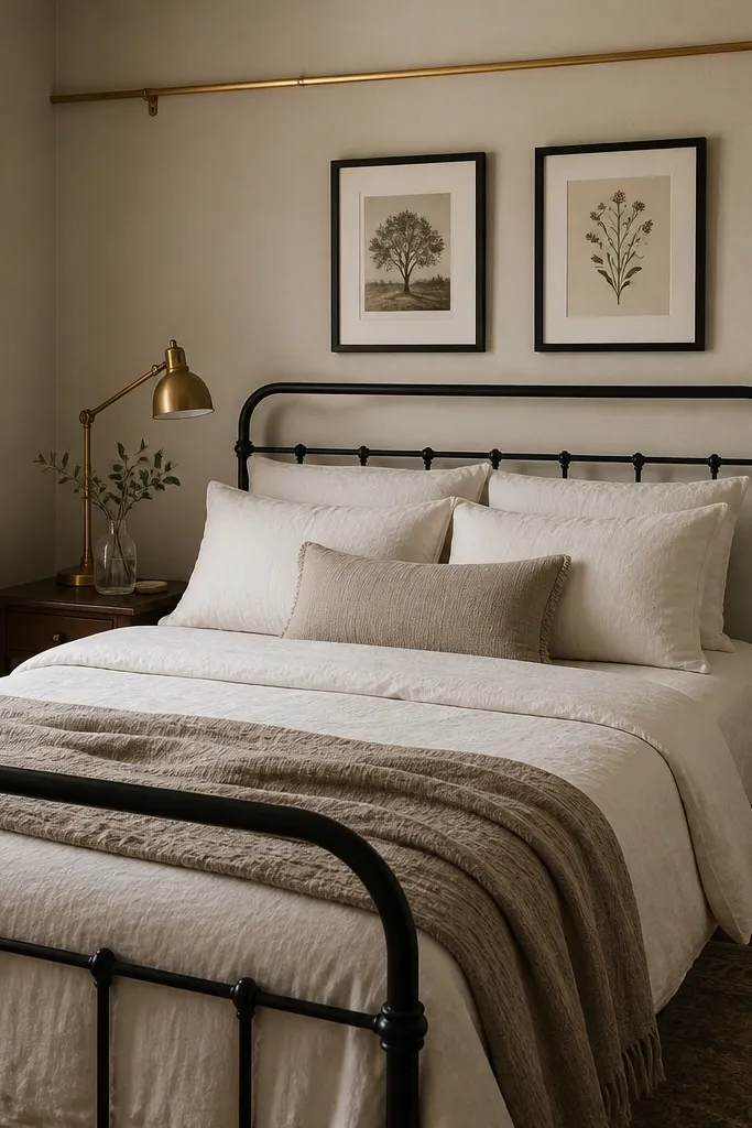 A small bedroom with a black metal bed frame. The bedding is cream, and there are two black-framed prints above the headboard. A brass lamp and one brass picture rail detail add warmth. The throw is in light taupe.