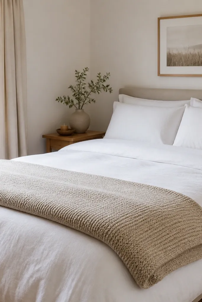 A small bedroom bed where a throw blanket is folded at the foot of the bed. The fold has a neat rolled edge, and the throw is in oatmeal knit. The duvet is white, and there are two matching pillows with simple cases.