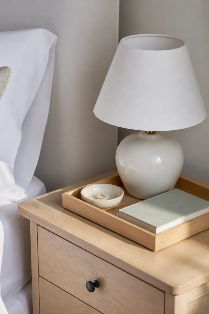A small bedroom with a tiny nightstand. On top sits a rectangular tray in light wood. Inside the tray are a white ceramic lamp base, a small dish for rings, and one book. The rest of the nightstand surface is empty.
