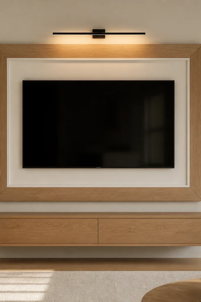 A matte warm-cream wall with a centered TV. The TV sits inside a thick, clean rectangular frame made from light oak veneer strips, with white 1x3 trim outlining the inner edge. Below, a low oak floating console with two drawers sits perfectly centered, and a single black picture light bar illuminates the TV frame.