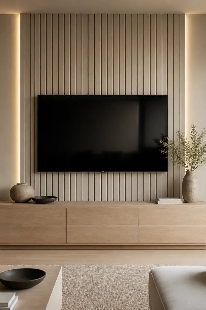A TV wall with a centered vertical panel pattern. The wall has matte greige paint, and behind the TV is a symmetrical grid of shallow 3D MDF ribs, painted the same greige. The TV sits centered above a wide, white oak console. Warm LED strip lighting glows subtly along the edges of the paneling.