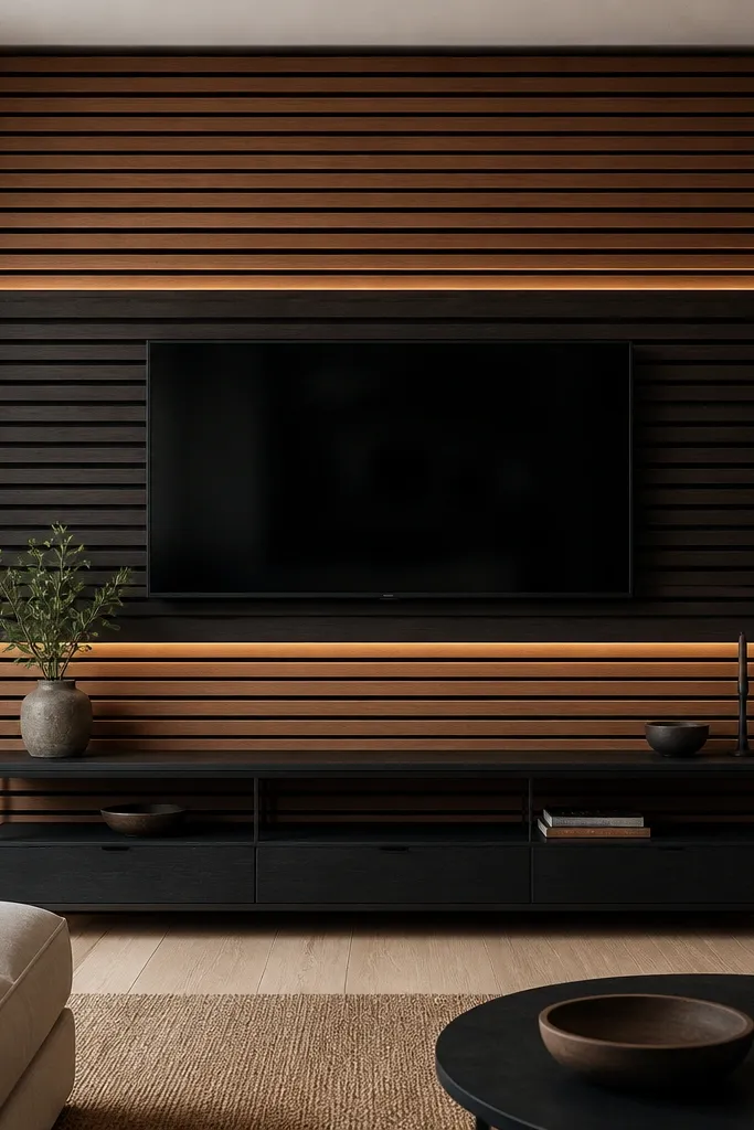 A TV wall with alternating horizontal slats: walnut-toned slats on the outer bands and a darker espresso slat area behind the TV. The TV is mounted in the center with a black slim mount. A low black metal and wood console sits underneath, and warm LED lines run behind the slats.