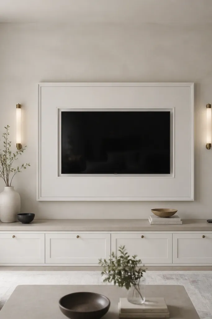A soft limewash texture wall in off-white with subtle gray undertones. The TV is surrounded by a large, oversized rectangular frame in matte white, with thin inner trim. The console is a light stone-look top with a white base. Small warm wall sconces flank the frame.
