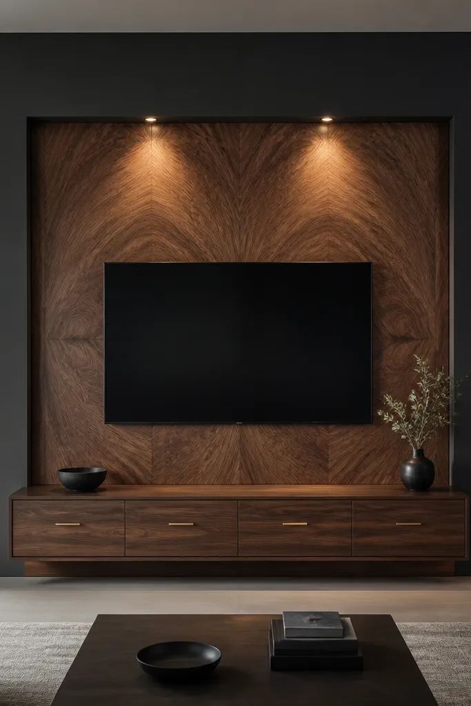 A TV centered within a rectangular "accent slab" where the veneer panels are book-matched, showing symmetrical wood grain. The surrounding wall is matte charcoal. The TV sits above a walnut console with brass pulls. Two small recessed spotlights aim at the veneer's grain.