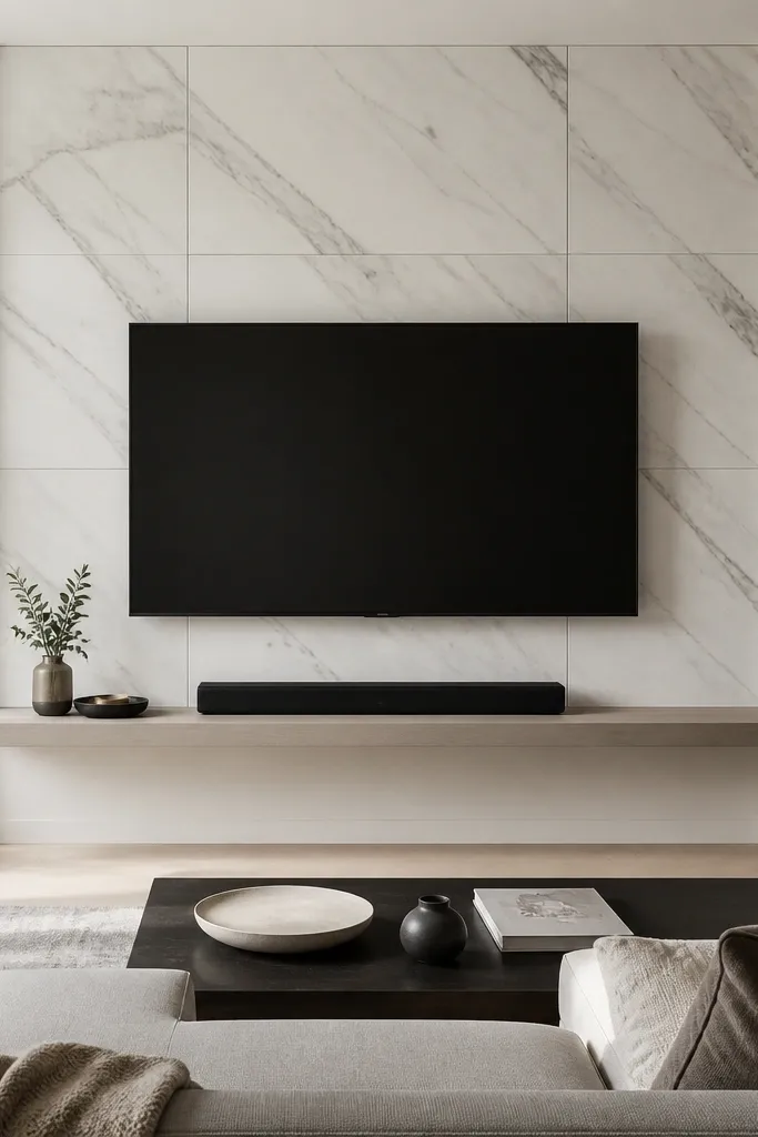 A TV wall with a marble-look white-and-gray pattern arranged in a clean grid behind the TV. The rest of the wall is painted light warm white. The TV is centered on the marble-look section. A slim floating shelf runs under the TV with a small decor tray and a soundbar.