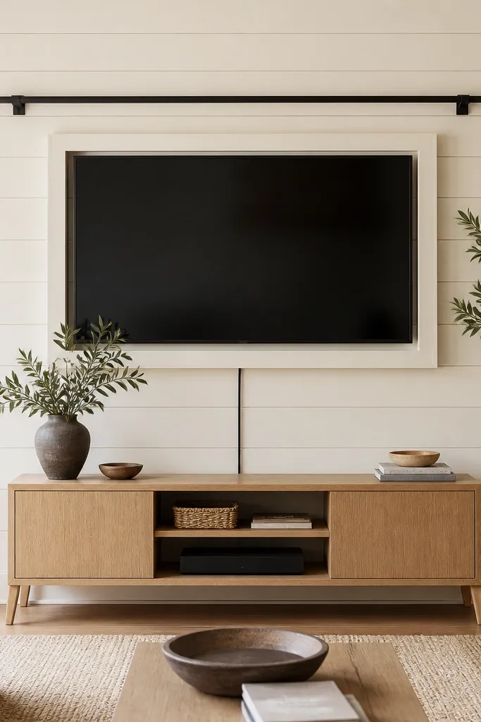 A warm white shiplap wall with horizontal boards. A black picture rail runs above the TV frame area, and the TV sits inside a simple white surround. A slim black cable raceway drops straight down to the console. The console is light oak with simple legs.
