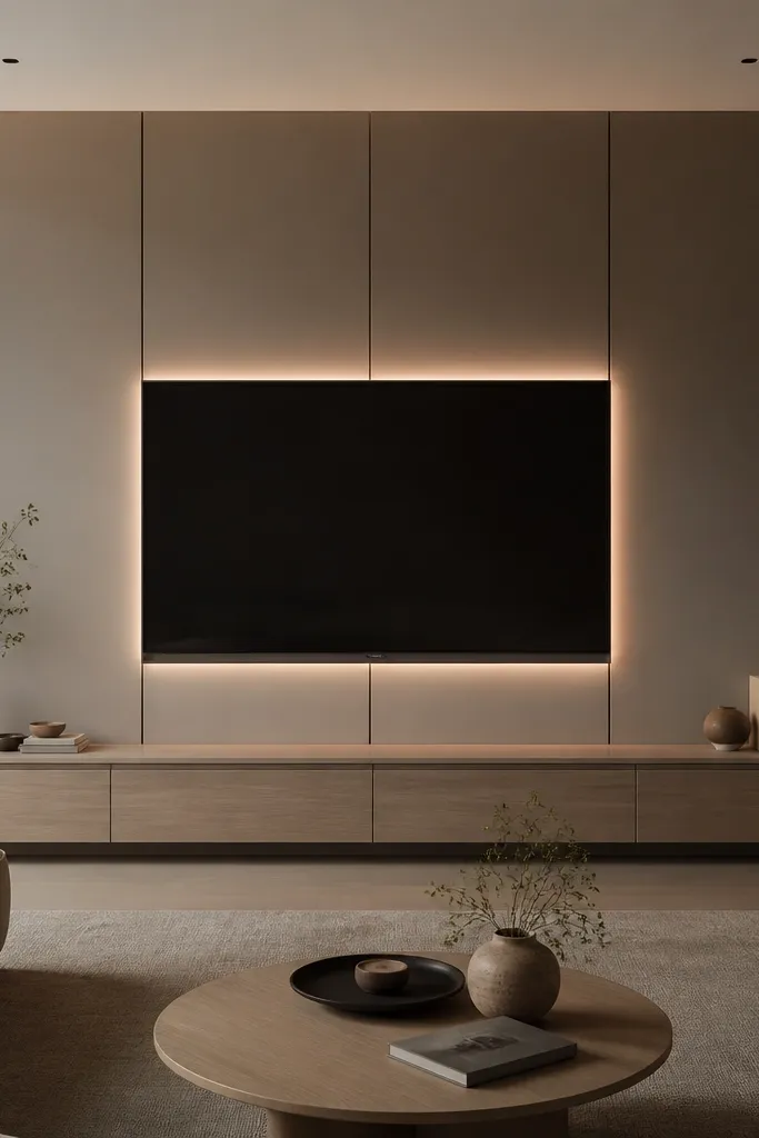 A modern TV wall with vertical slab panels in soft taupe. A thin backlit reveal runs around the TV opening, creating a halo effect. The TV is centered, with a low light oak console. The lighting is subtle, not bright, and the wall looks smooth and built-in.