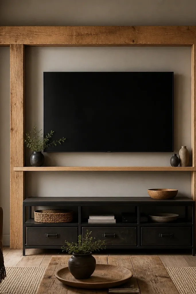 A rustic oak mantel-like frame with a thick top beam running above the TV. The wall behind is a soft warm gray. The frame has two side posts in oak and a floating shelf lip. A dark metal media stand sits at the bottom.