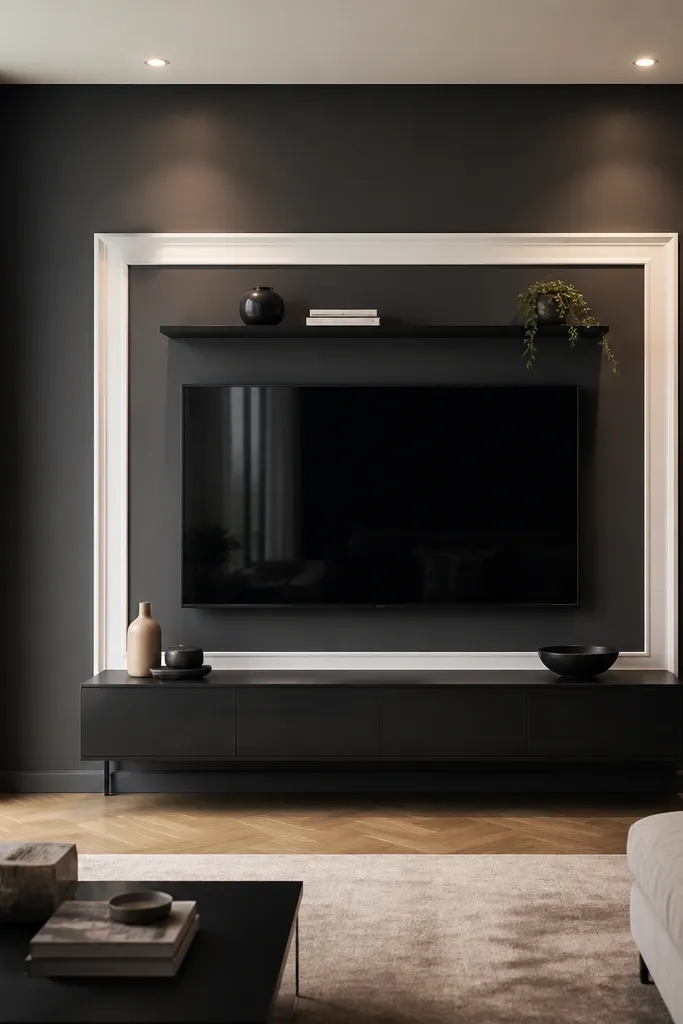 A deep charcoal wall with a TV centered inside a glossy white frame trim. The TV stand is a floating black console with slim legs. A thin black floating shelf sits above or near the TV, and the lighting is small recessed spots.