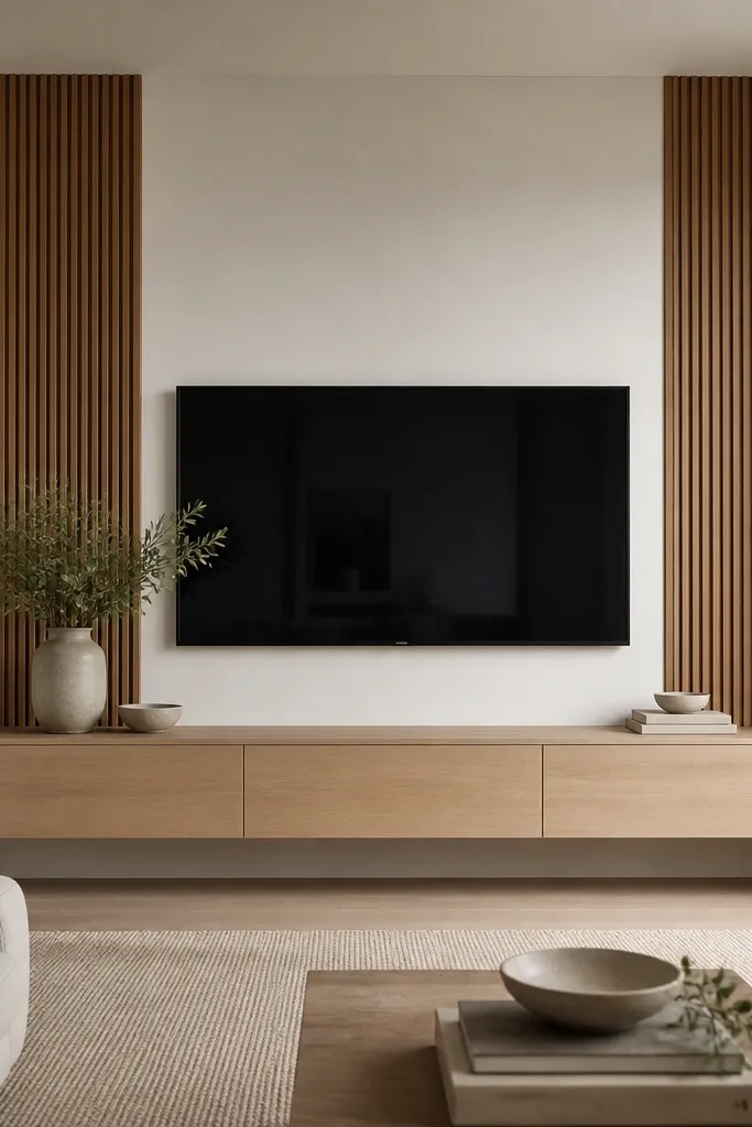 A TV wall with a centered TV and two tall side panels extending from near the top of the TV down to the console height. The panels are in warm wood veneer, while the wall is matte white. A floating light oak console sits under the TV with a hidden kick panel.