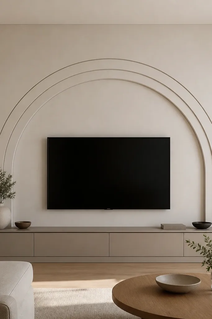 A soft off-white wall with a curved arch feature above the TV. The arch is made from layered MDF painted the same off-white, with a thin dark line separating layers. The TV sits centered under the arch, and a slim console runs beneath. Small warm sconces sit on either side of the arch.