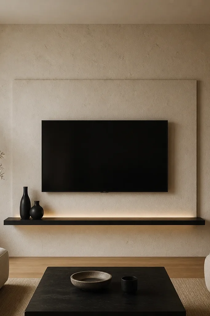 A textured lime plaster wall in pale warm white with subtle speckles. The TV is centered on a small rectangular smooth panel. A black floating shelf runs under the TV or slightly above, with two small black vases. Lighting is warm and dim, with a soft glow from behind the shelf.
