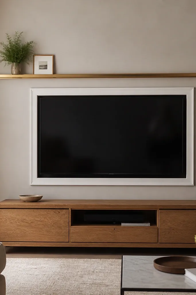 A matte greige wall with a brass picture rail running horizontally across the TV area. The TV sits inside a simple white frame made from painted trim. A warm oak media console sits below. A small plant and framed photo rest on the brass rail ledge near the TV.