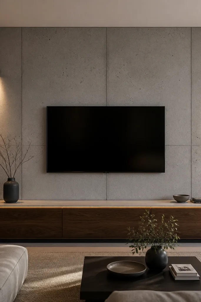 A TV wall covered in concrete-look panels in cool gray with subtle pores. The TV is centered with a minimal frame. Under it, a warm walnut console with a light top trim. Two small LED wall washers at the sides create soft highlights on the concrete texture.