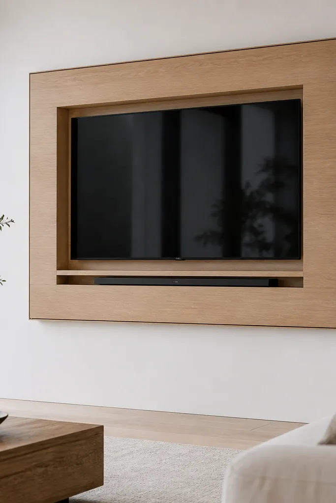 A recessed TV opening inside a large floating frame. The wall is painted matte white, and the frame is light oak. A hidden shelf sits below the TV opening, with a small soundbar visible and cords fully hidden. The frame has a slim shadow gap around the recessed area.
