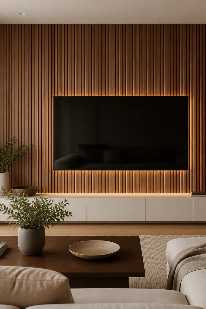 A full wall behind the TV covered in warm stained wood panels with vertical battens. A thin LED underlighting glow runs at the base of the TV opening and along the console area. The TV is mounted slightly above the center of the battens, and a sleek white media console sits under it.
