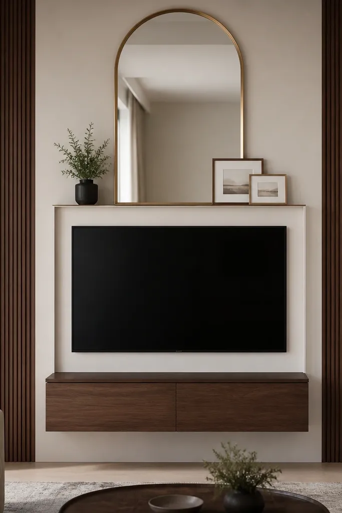 A TV wall with a centered TV inside a simple rectangular frame. On the left and right sides are slim vertical wood panels. Above the TV is a tall arched mirror with a thin gold frame. The console is dark walnut with two drawers, and small framed prints sit on the mirror shelf area.