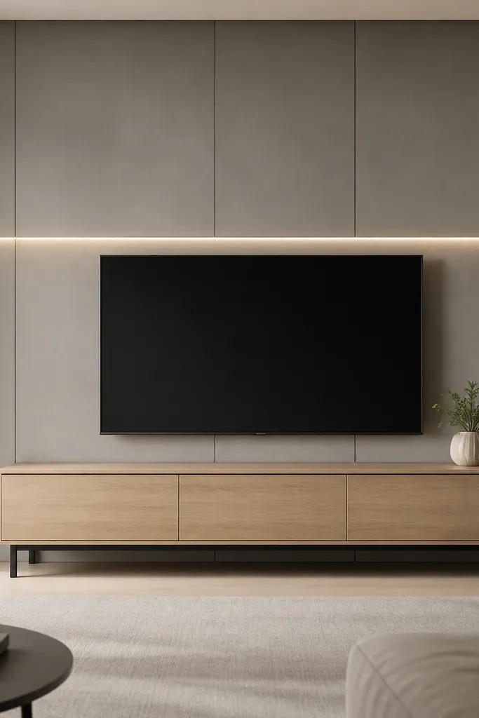 A soft gray panel wall with a centered TV. A recessed LED strip runs horizontally at about eye level across the TV area, creating a gentle band of light. The console is light oak with matte black legs. The wall has no extra decor except a small plant on the console.